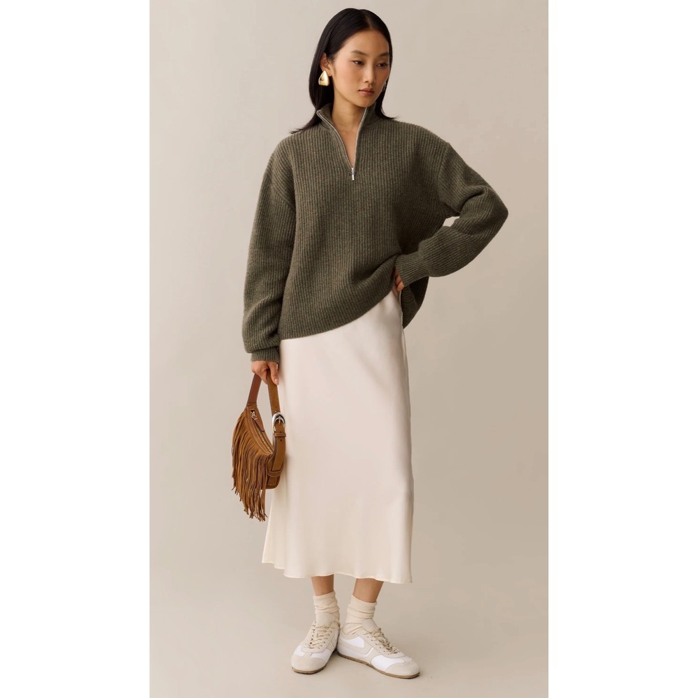 Few Moda CAARA Olive Green 100% Wool Ribbed Quarter Zip Mock Neck Sweater S